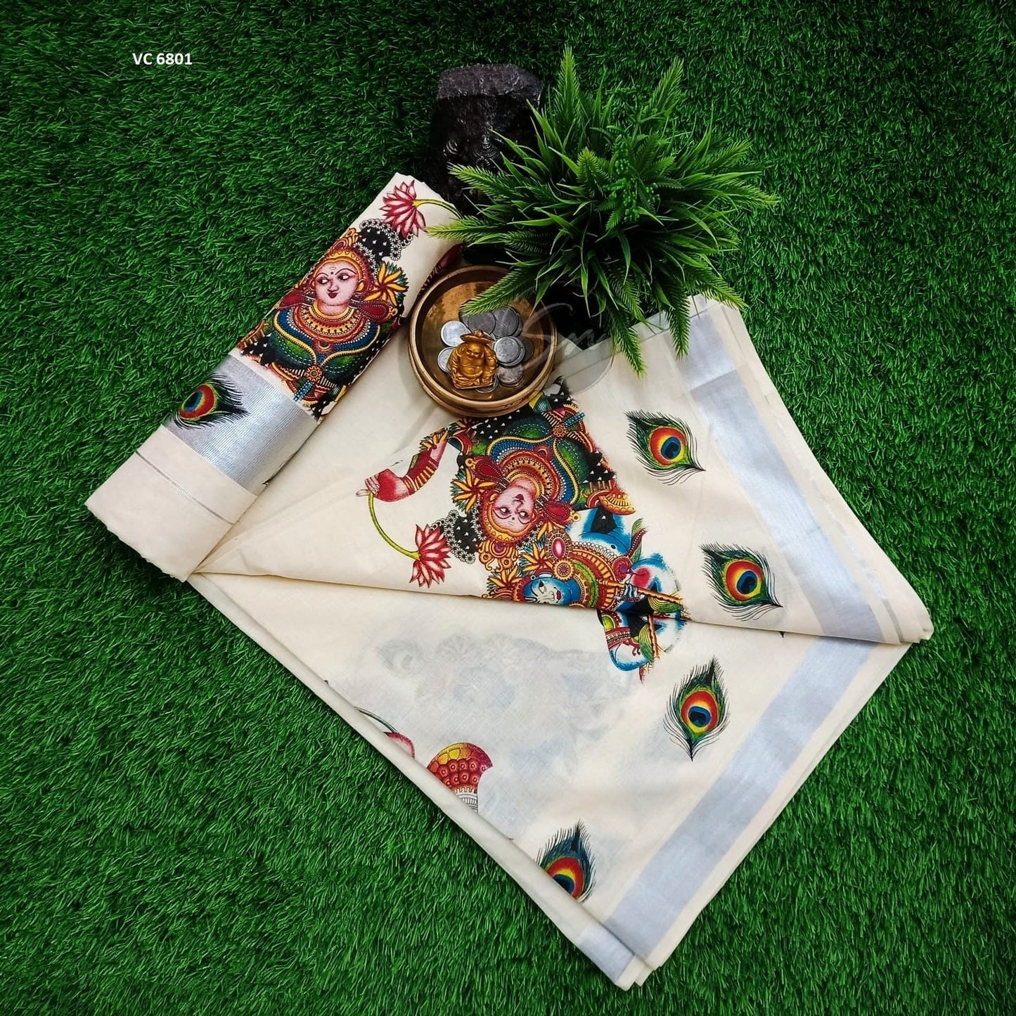 Cotton mural printed saree with printed blouse material or ready to wear blouse, Kerala Onam, Vishu, Birthday, beautiful printed saree