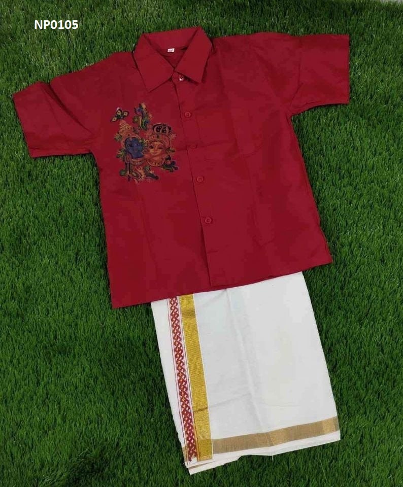 Boys Shirt Dhothi Set, Mural Printed shirt with printed Dhothi for boys 1-10 yrs / Handmade designs, Onam Dress, Birthday, Festival wear