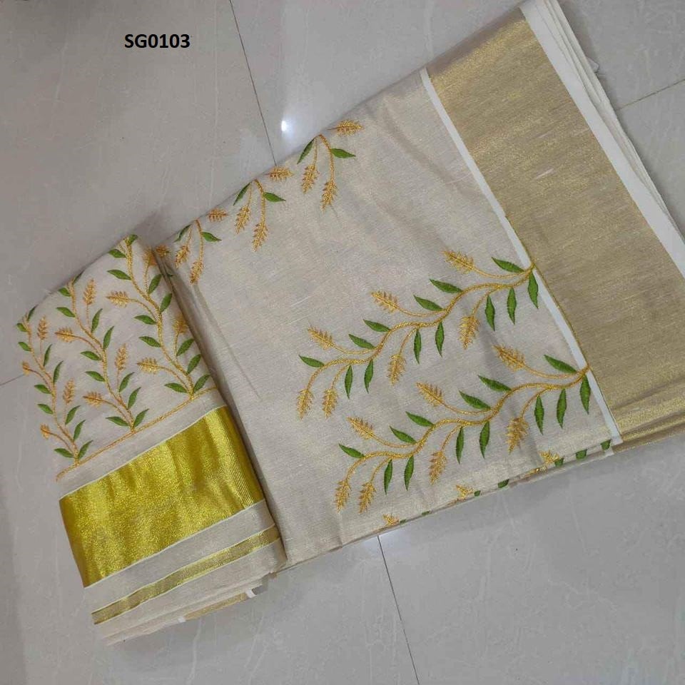 Kerala Traditional  Full tissue Embroidery Saree with Stitched Blouse /Handmade designs /Indian traditional Onam, Vishu, Festival wear