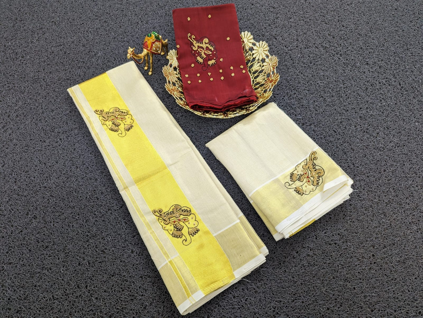 Ganapathy handwork golden Tissue Set Mundu with Blouse Material / Ready to Wear Blouse /Onam Dress/ Traditional women clothing /Onam, Vishu