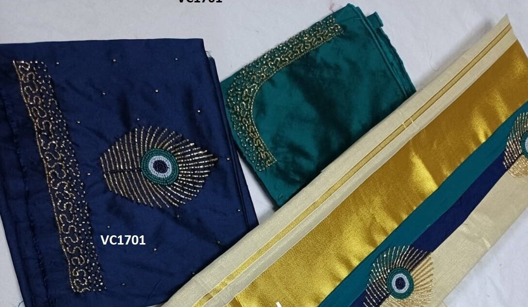 Kerala Traditional Tissue hand work Set Saree with stitched Blouse, Handmade designs /Indian traditional / Vishu Set Saree, Onam Saree