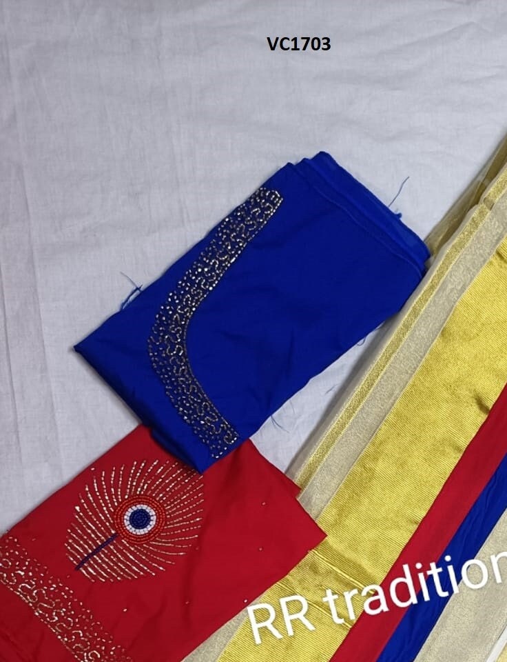 Kerala Traditional Tissue hand work Set Saree with stitched Blouse, Handmade designs /Indian traditional / Vishu Set Saree, Onam Saree