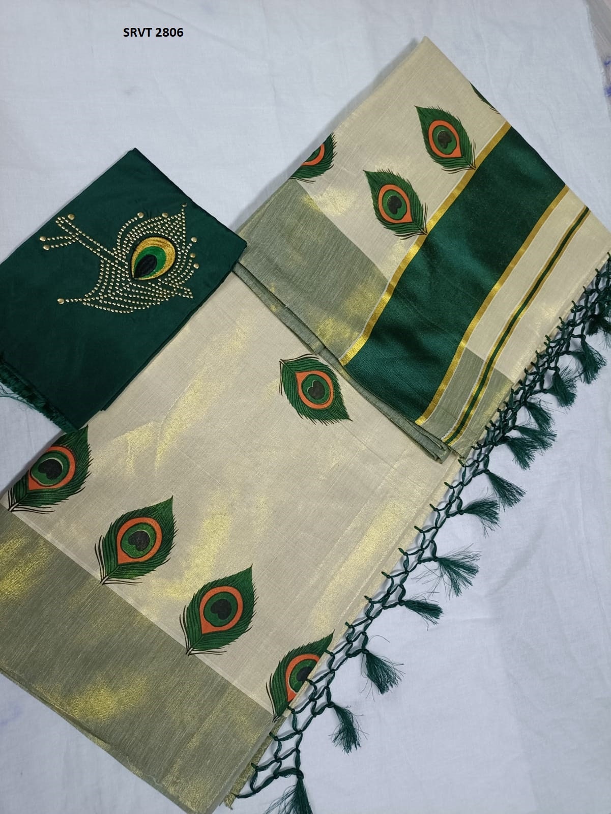 Peacock Feather printed Golden Border Women&#39;s Tissue Kerala Set Saree / Indian traditional women clothing/ Handmade design, Vishu Onam wear