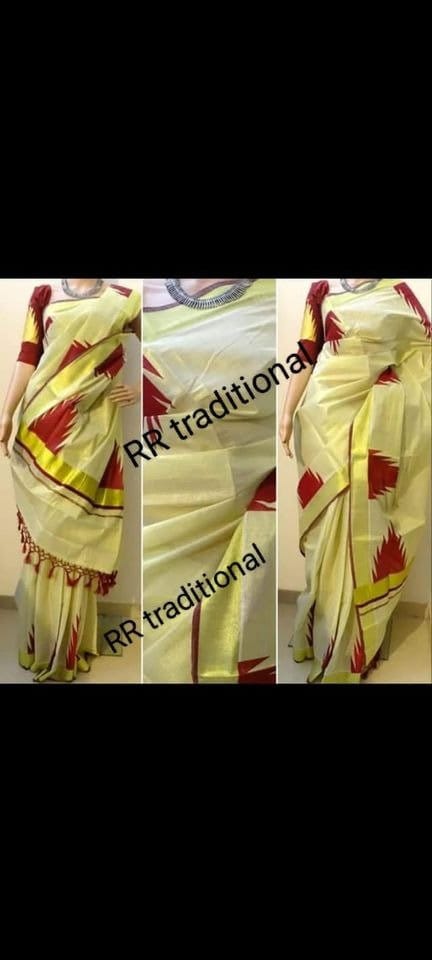 Tissue Kunjalam Big Temple printed Saree /Stitched or Non Stitched Blouse /Indian traditional / Handmade designs/Onam Dress, Kerala Saree