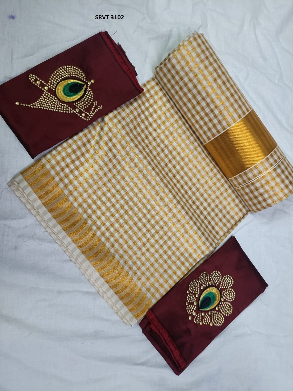 Tissue check Saree /Stitched or Non Stitched Blouse /Indian traditional / Handmade designs/Onam Dress, Pooja, Birthday