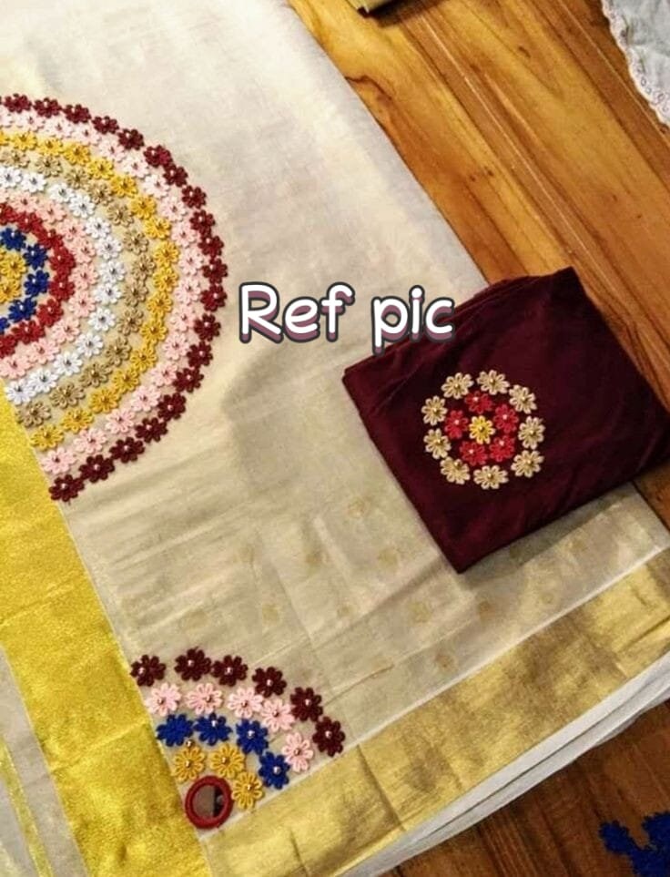 Kerala set saree hand worked with worked blouse pc, Indian traditional, Handmade designs, , Onam Dress, ,Vishu Special Saree, Birthday.