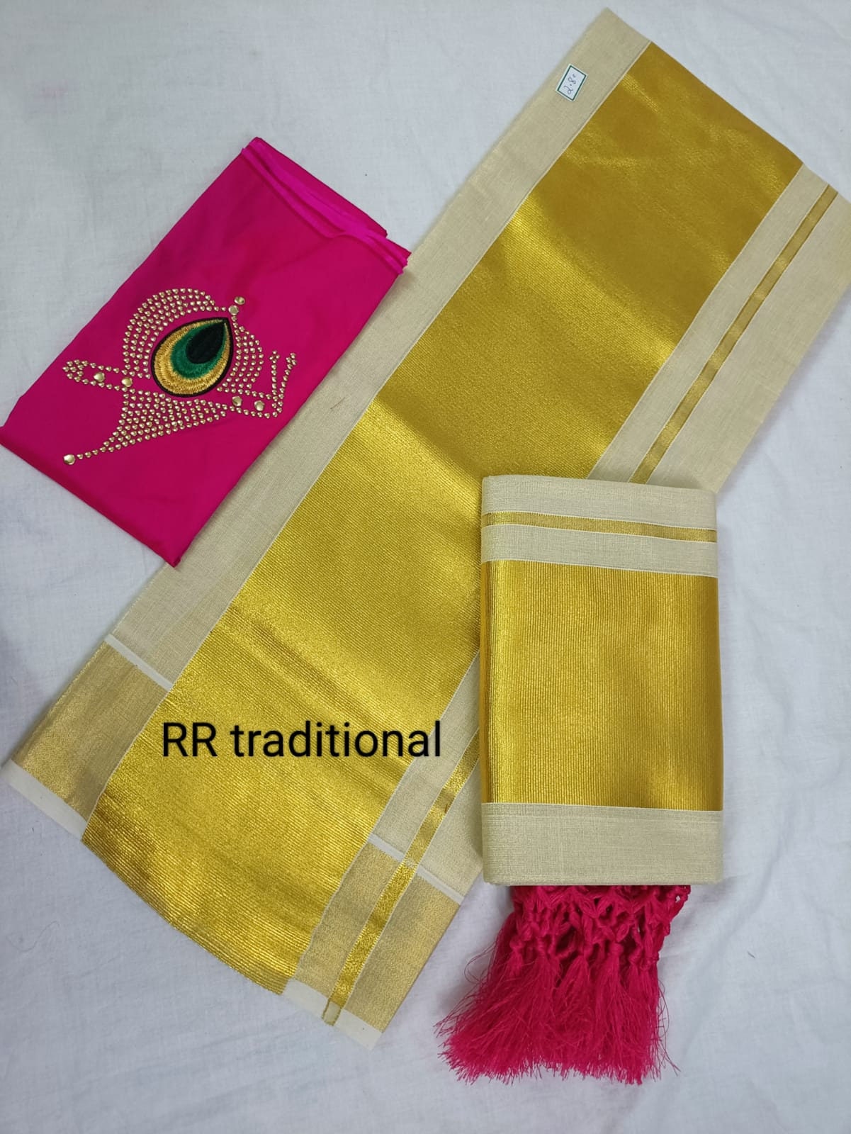 5 Inch Tissue Plain Kunjalam Setmund with Stitched Blouse or Blouse Material, Tissue Set Mundu, Kerala Traditional Setmund