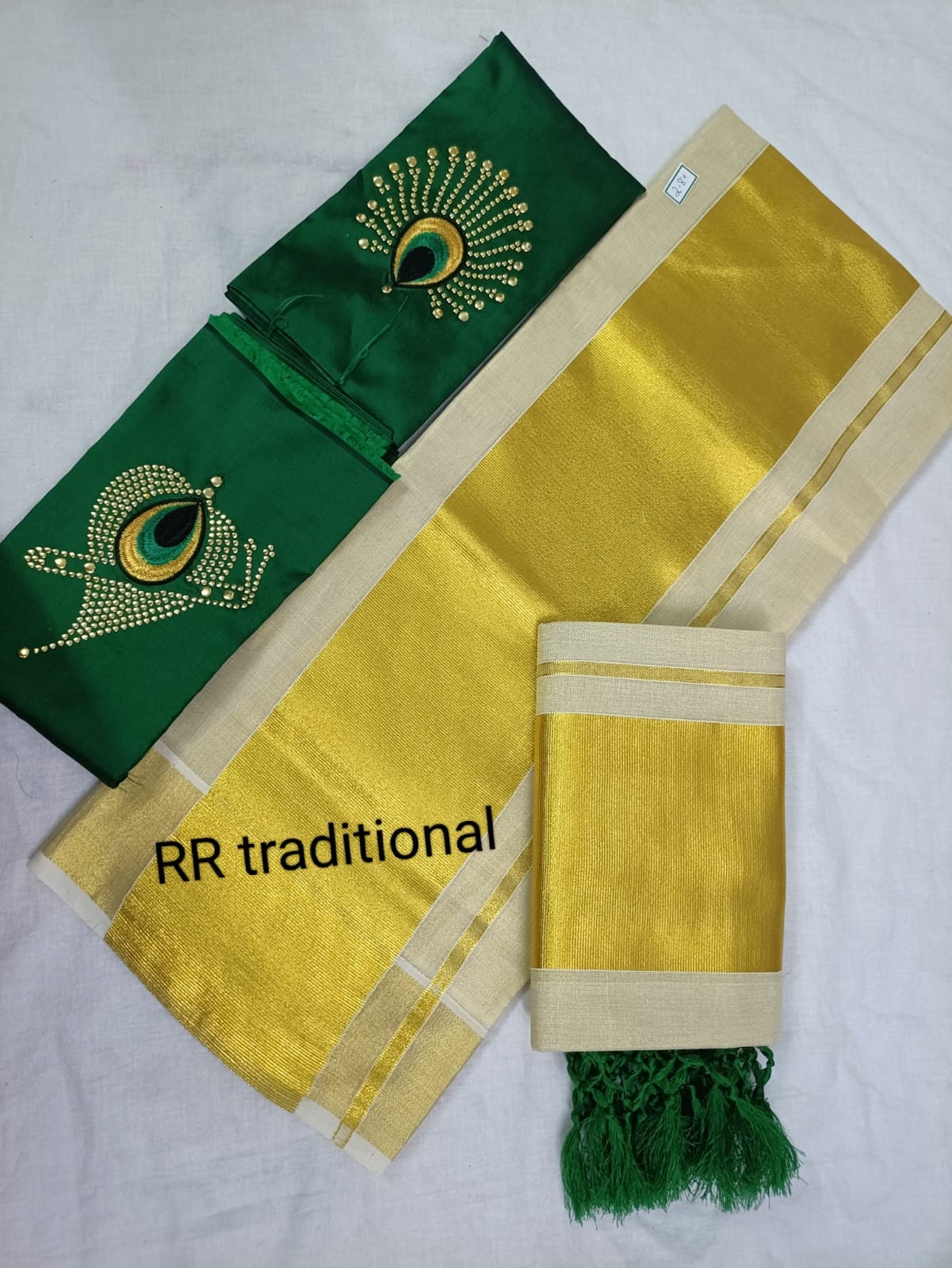 5 Inch Tissue Plain Kunjalam Setmund with Stitched Blouse or Blouse Material, Tissue Set Mundu, Kerala Traditional Setmund