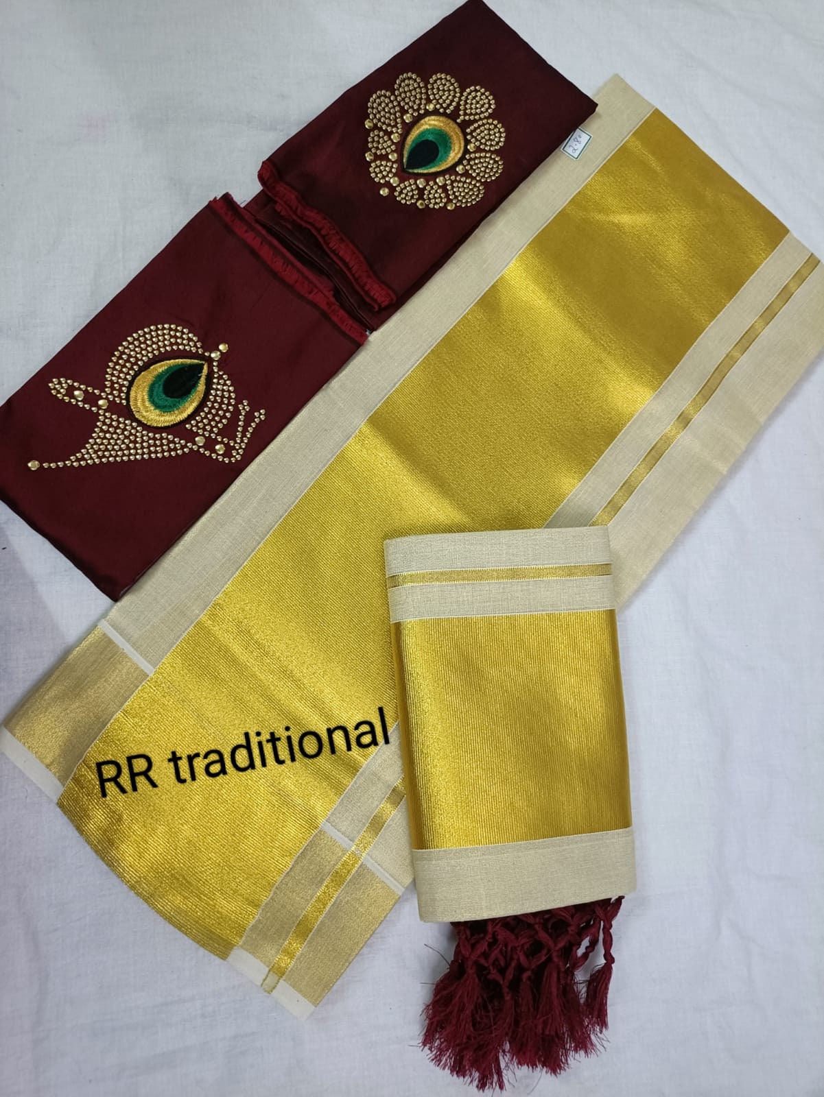 5 Inch Tissue Plain Kunjalam Setmund with Stitched Blouse or Blouse Material, Tissue Set Mundu, Kerala Traditional Setmund