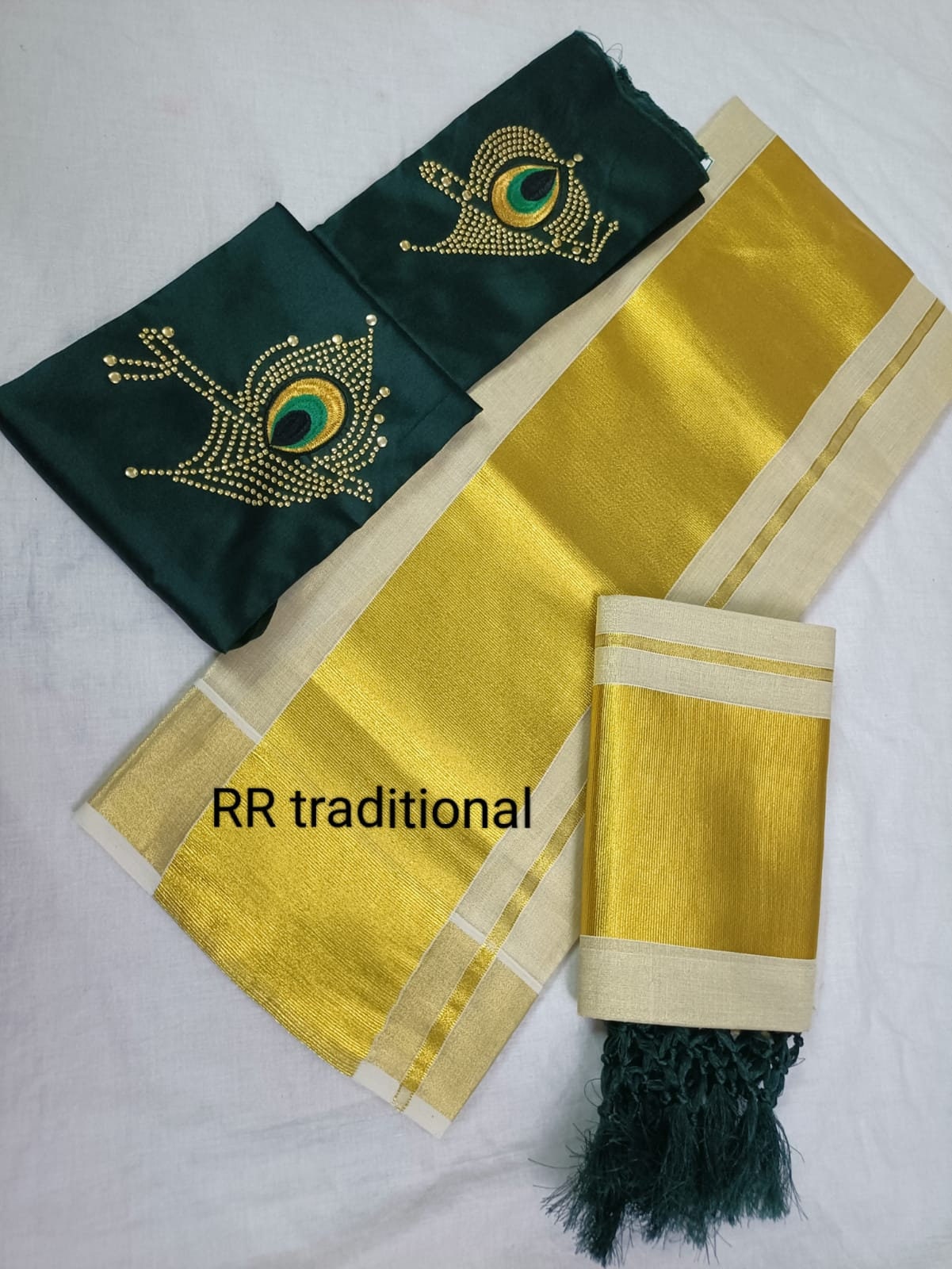 5 Inch Tissue Plain Kunjalam Setmund with Stitched Blouse or Blouse Material, Tissue Set Mundu, Kerala Traditional Setmund