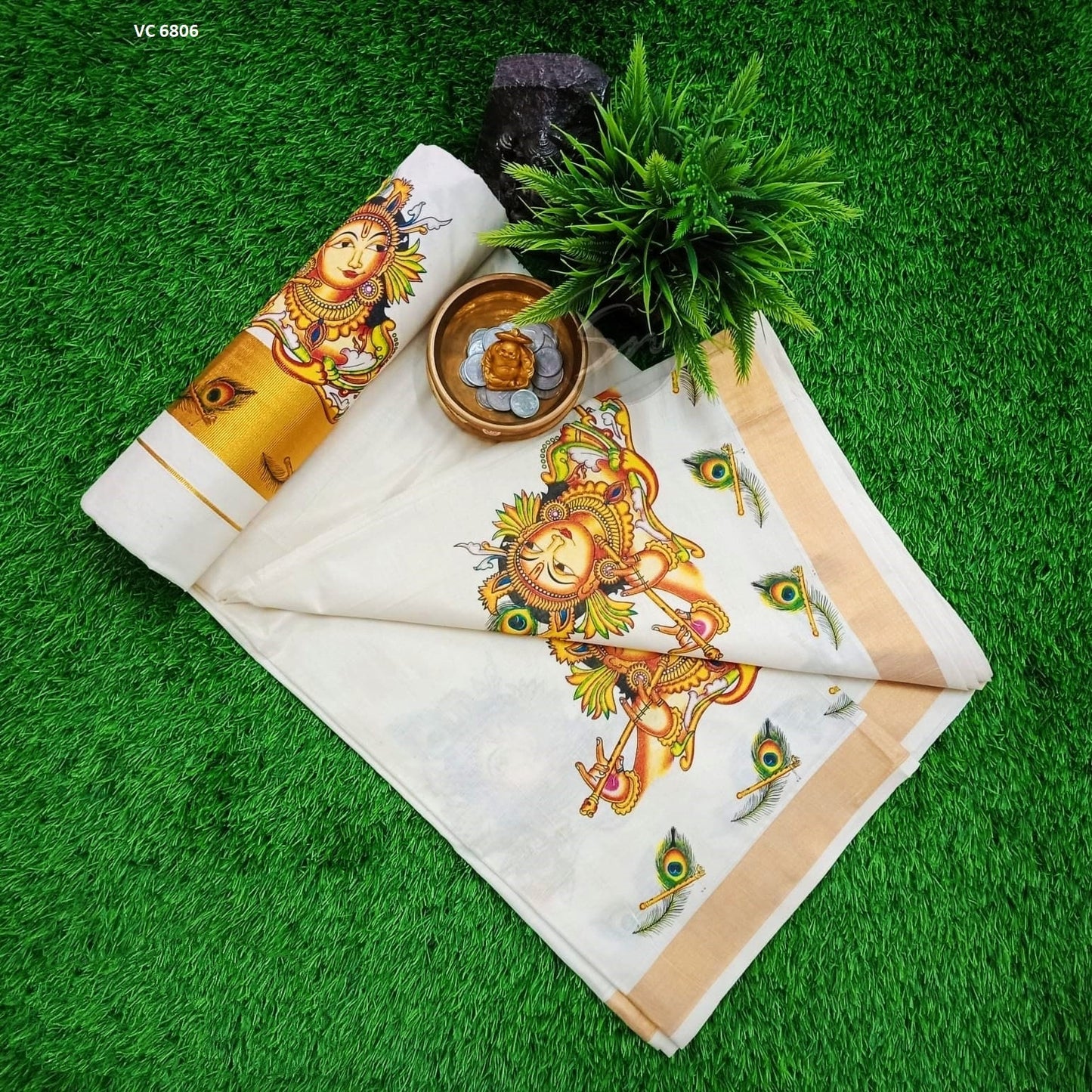 Cotton mural printed saree with printed blouse material or ready to wear blouse, Kerala Onam, Vishu, Birthday, beautiful printed saree