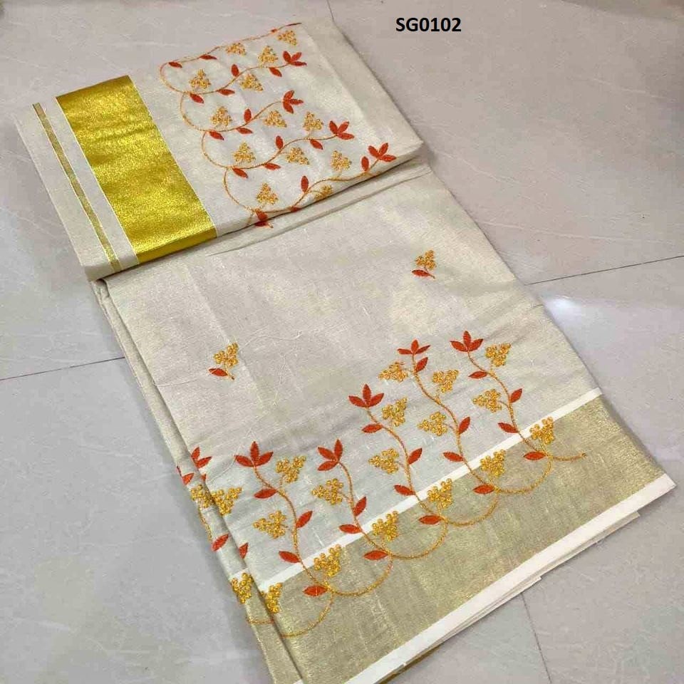 Kerala Traditional  Full tissue Embroidery Saree with Stitched Blouse /Handmade designs /Indian traditional Onam, Vishu, Festival wear