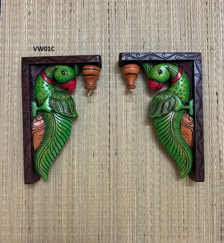 Wooden Hand Carved Wall Bracket Pair,Wooden corbel pair, Parrot Wall Bracket  Pair ,Lamp Hanging Hook ,Door Entrance of House, Wall Decor