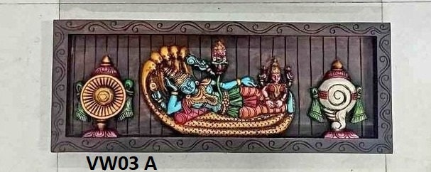 Wooden Wall panel with God Mahavishnu in Ananthasayana , Divine Vishnu with sankh chakra,For Pooja room & Door Entrance of House, Wall Decor