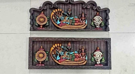 Wooden Wall panel with God Mahavishnu in Ananthasayana , Divine Vishnu with sankh chakra,For Pooja room & Door Entrance of House, Wall Decor