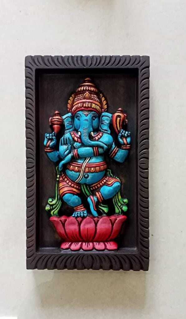 Wooden Wall panel with God Ganesh ,Divine  vinayaka with 4 hands in dancing form ,For Pooja room & Door Entrance of House, Wall Decor