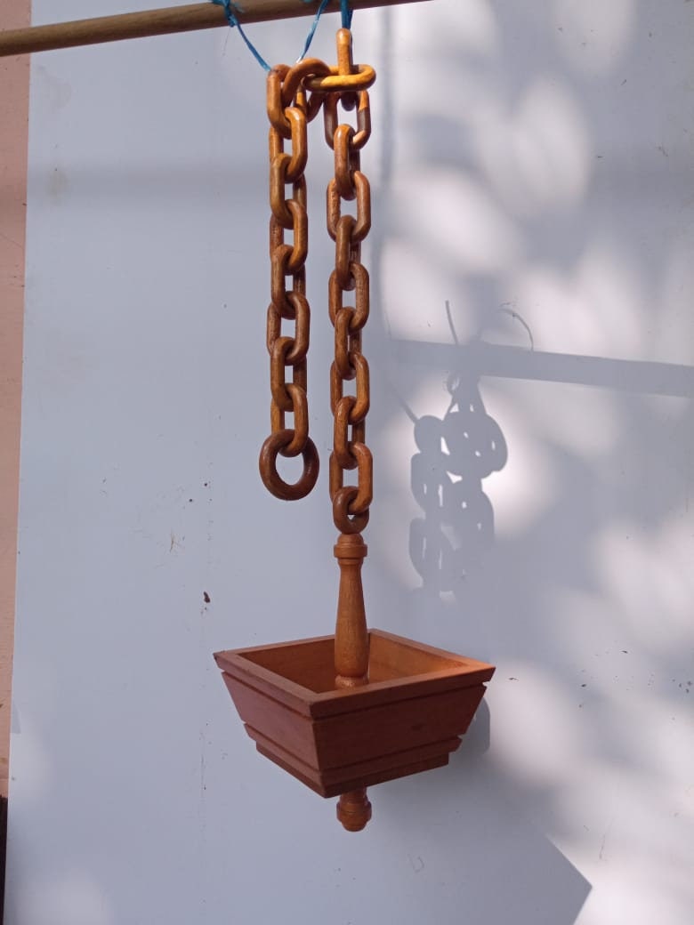 Kerala Bhasma kotta in Wood with wooden chain , Traditional wooden basket for Ashes,Vibhooti box, Bhasma thattu- 33 inch  Height,