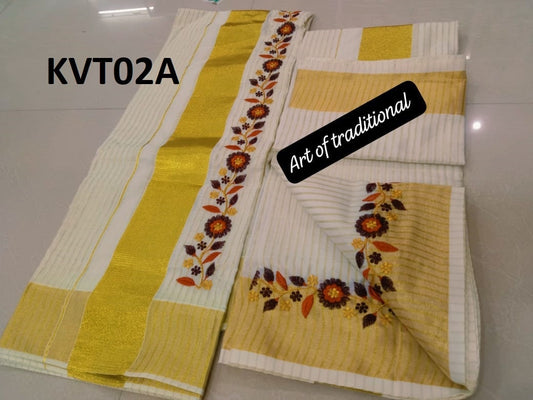 Golden Tissue Set Mundu with Blouse Stiched or Material ,Kerala traditional/ Handmade designs,Onam,Vishu,Pooja ,Christmas,Birthday,Festival