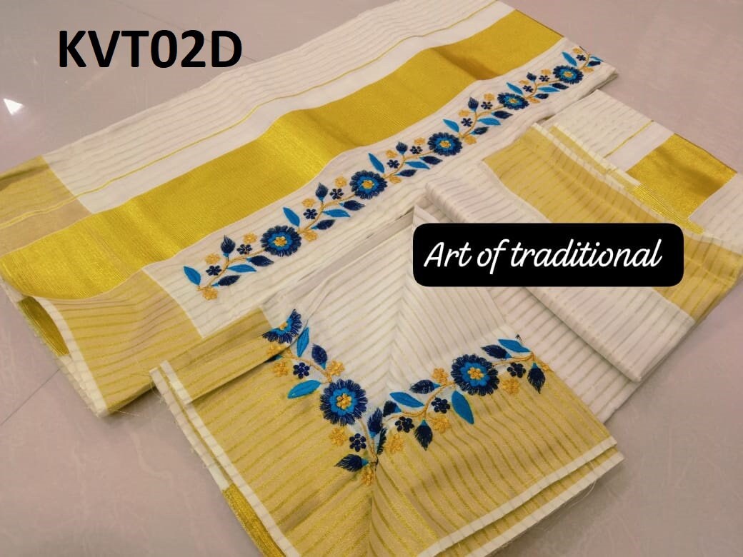 Golden Tissue Set Mundu with Blouse Stiched or Material ,Kerala traditional/ Handmade designs,Onam,Vishu,Pooja ,Christmas,Birthday,Festival