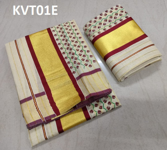 Fancy Tissue Strips  With Rose Printed Set Mundu with Blouse material or ready to wear blouse Kerala, Onam,Vishu,Birthday