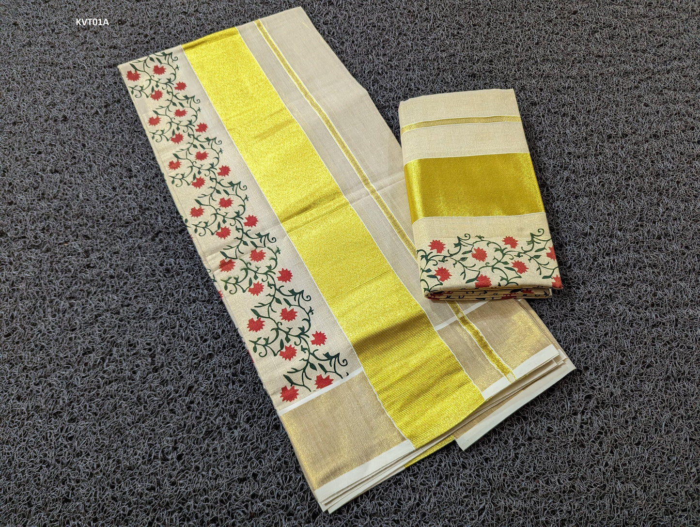 Fancy Tissue Strips  With Rose Printed Set Mundu with Blouse material or ready to wear blouse Kerala, Onam,Vishu,Birthday