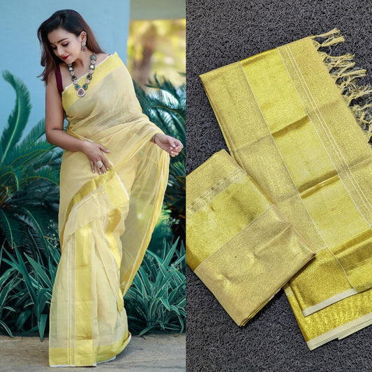 Golden bridal tissue set mundu with tussels 2.80  /Stitched or Non Stitched Blouse /Indian traditional / Handmade designs/Vishu/Onam Dress