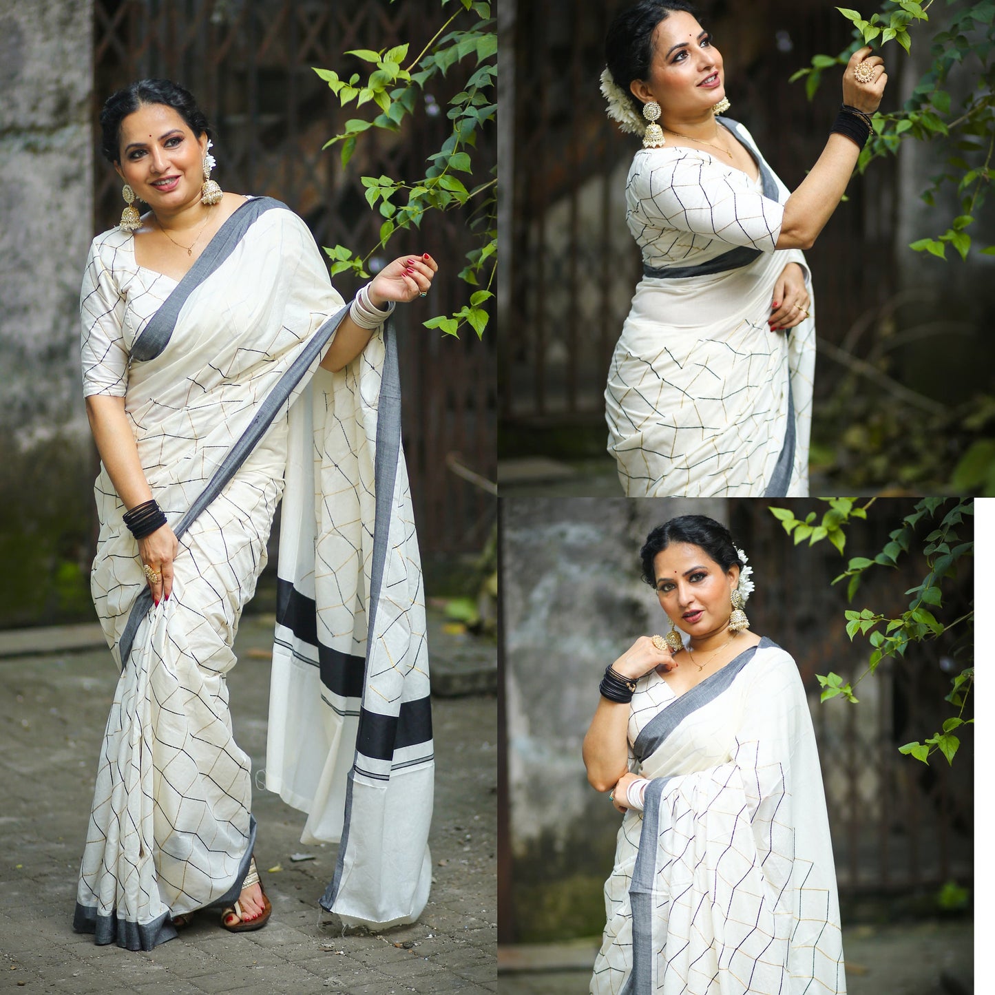 Kerala Net design embroidered cotton kattikara saree, Stitched Blouse & Non Stitched / Indian Traditional, Onam, Party, Festival