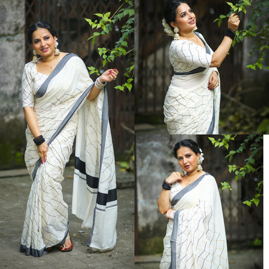 Kerala Net design embroidered cotton kattikara saree, Stitched Blouse & Non Stitched / Indian Traditional, Onam, Party, Festival