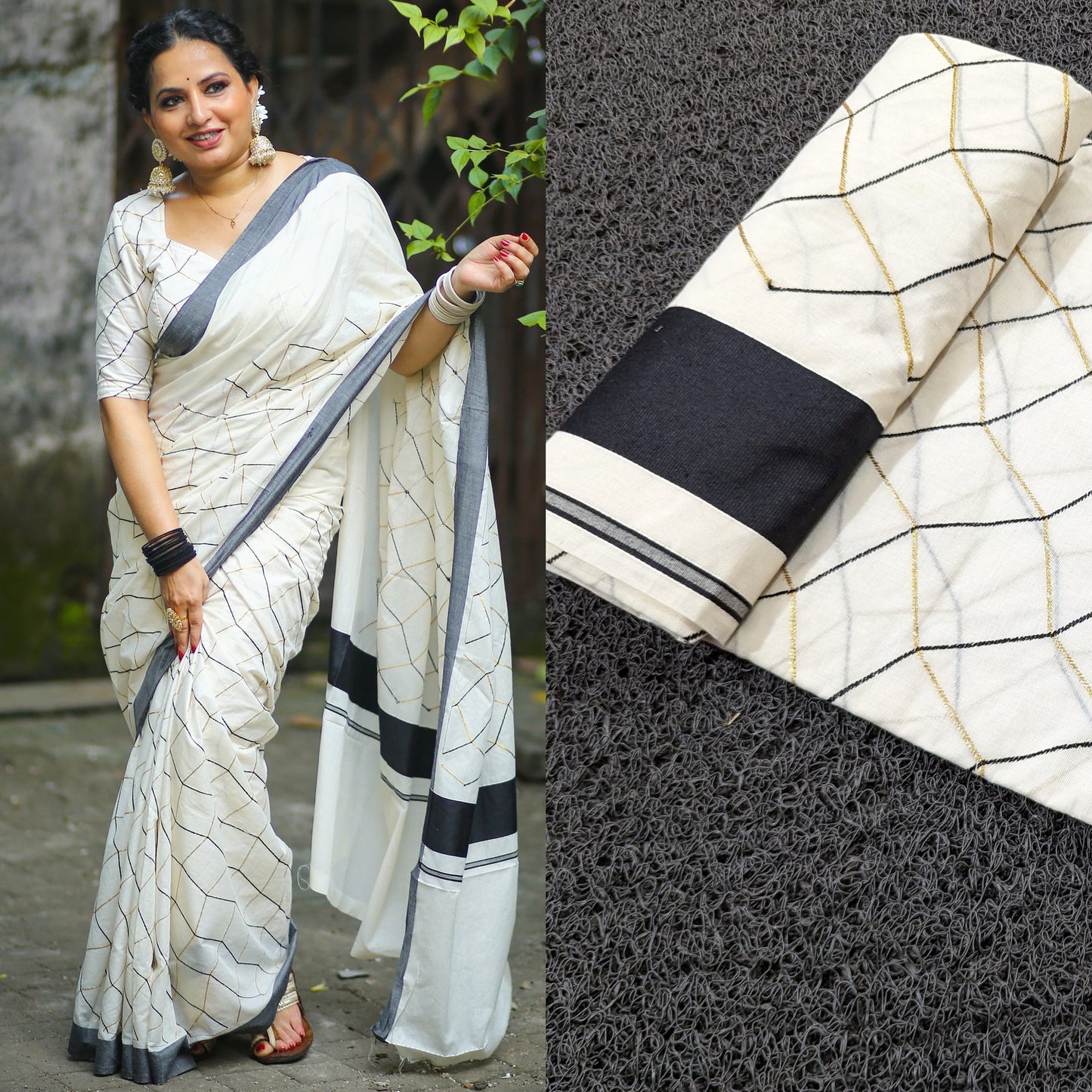 Kerala Net design embroidered cotton kattikara saree, Stitched Blouse & Non Stitched / Indian Traditional, Onam, Party, Festival