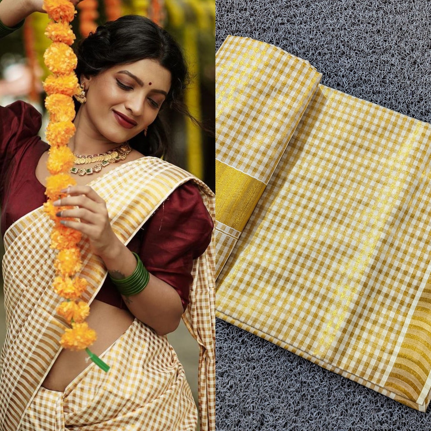 Tissue check Saree /Stitched or Non Stitched Blouse /Indian traditional / Handmade designs/Onam Dress, Pooja, Birthday