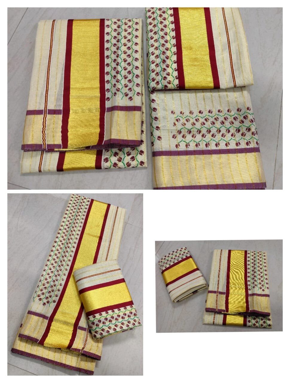 Fancy Tissue Strips  With Rose Printed Set Mundu with Blouse material or ready to wear blouse Kerala, Onam,Vishu,Birthday