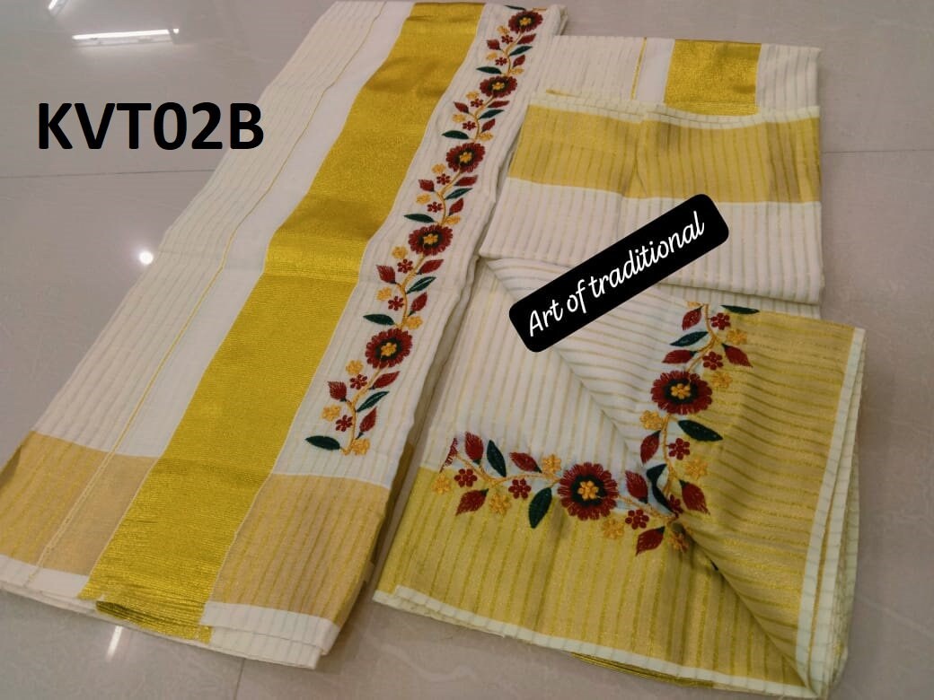 Golden Tissue Set Mundu with Blouse Stiched or Material ,Kerala traditional/ Handmade designs,Onam,Vishu,Pooja ,Christmas,Birthday,Festival