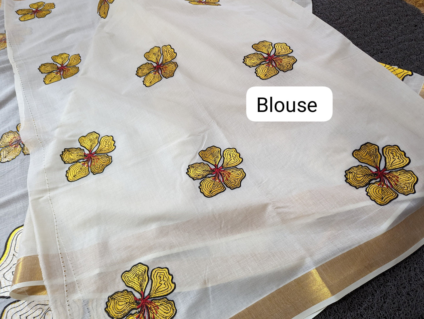 Big flower embroidered cotton saree, Stitched Blouse & Non Stitched /Handmade designs /Indian traditional, Onam,Party, Vishu,Festival