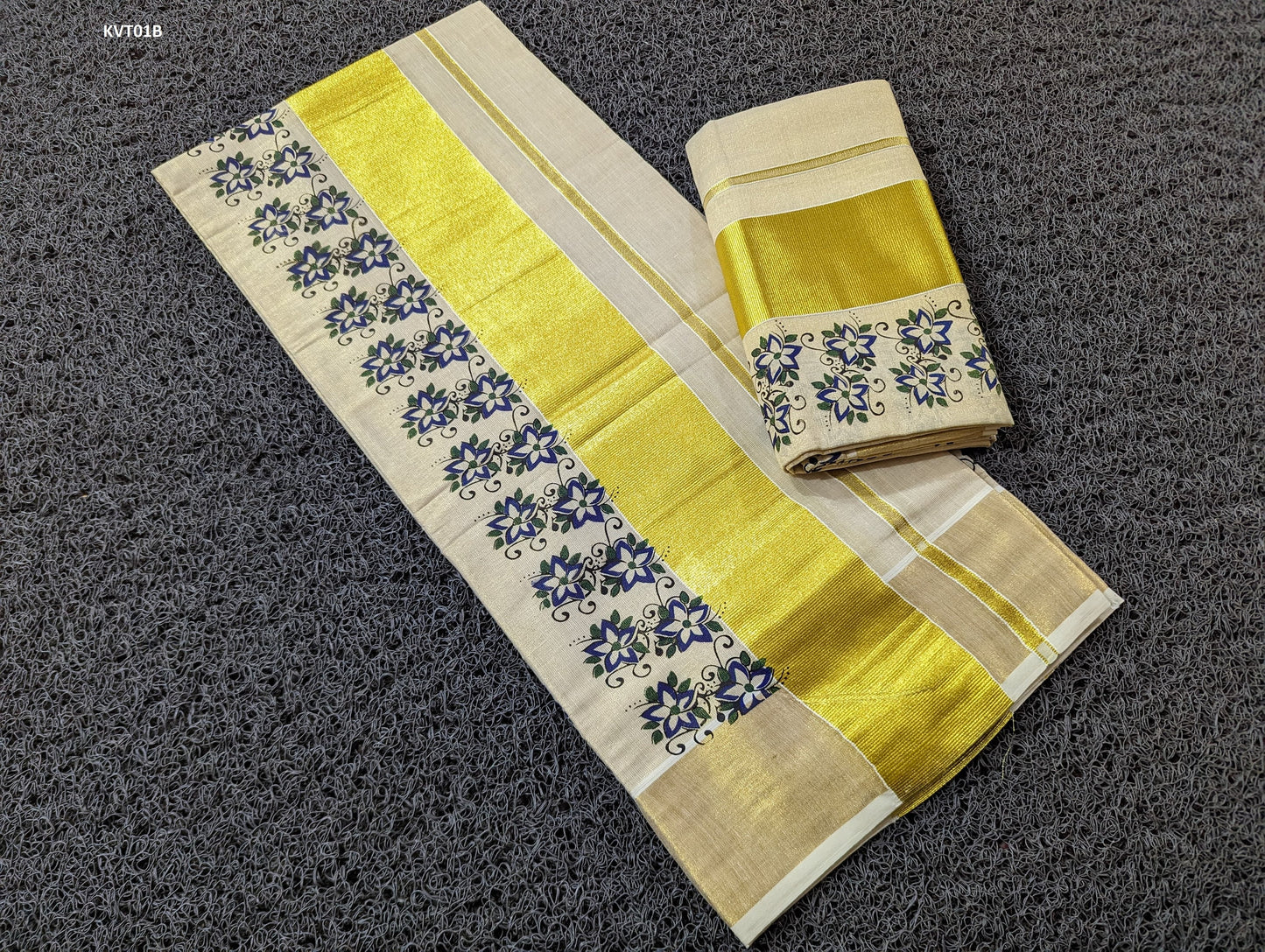 Fancy Tissue Strips  With Rose Printed Set Mundu with Blouse material or ready to wear blouse Kerala, Onam,Vishu,Birthday