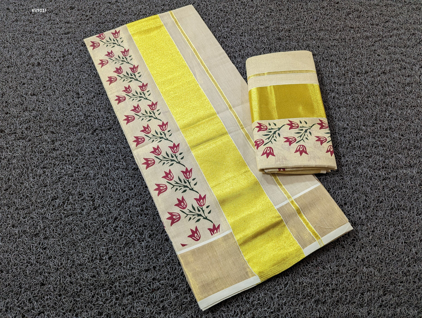 Fancy Tissue Strips  With Rose Printed Set Mundu with Blouse material or ready to wear blouse Kerala, Onam,Vishu,Birthday