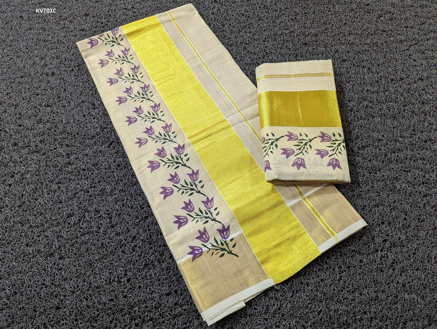 Fancy Tissue Strips  With Rose Printed Set Mundu with Blouse material or ready to wear blouse Kerala, Onam,Vishu,Birthday