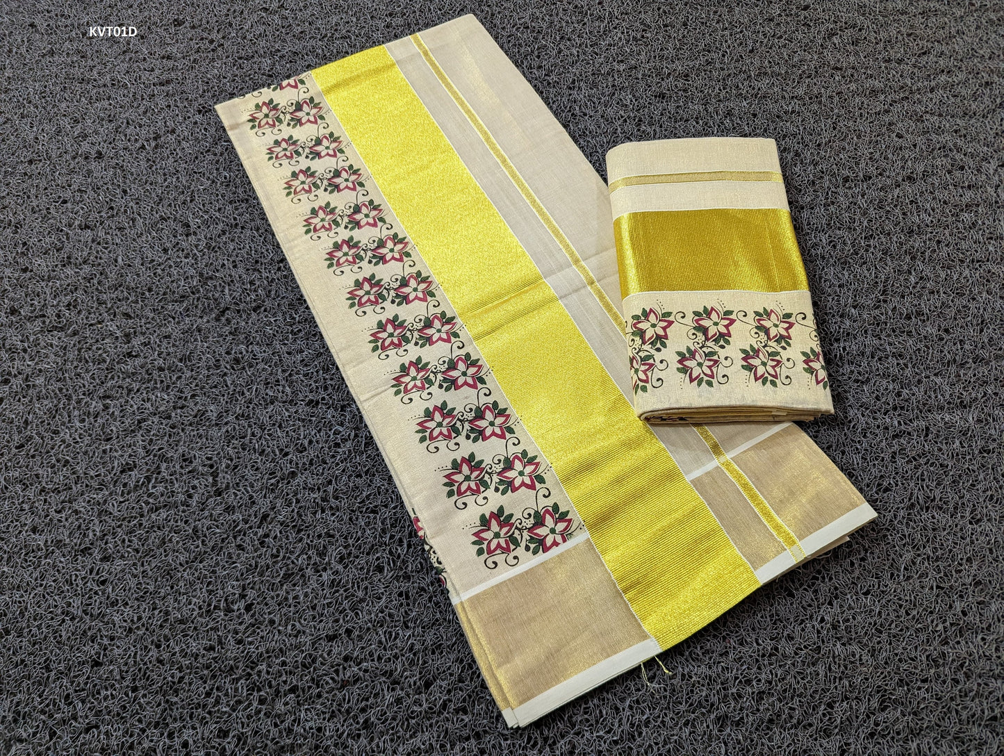 Fancy Tissue Strips  With Rose Printed Set Mundu with Blouse material or ready to wear blouse Kerala, Onam,Vishu,Birthday