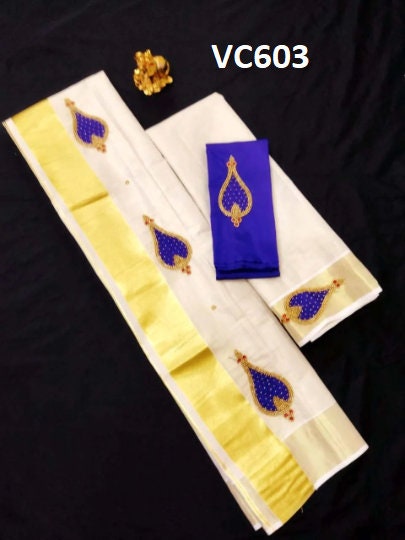 Kerala Tissue Set Mundu with Blouse Material  / Indian traditional women clothing/ Handmade designs/ Onam Vishu Festival Special wear