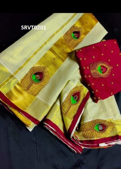 Premium Quality Kerala Golden Tissue Set Mundu with Blouse Material  / Indian traditional women clothing/ Handmade designs/Vishu Onam wear