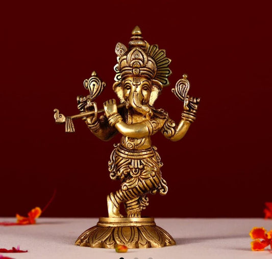 Lord Ganesha playing flute Brass Statue ,Dancing Ganesh statue Standing Ganeshji , Home decor, Bronze Ganeshji Idol for Temple, Pooja room