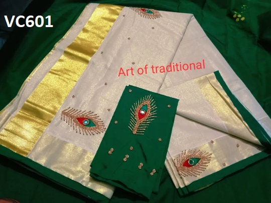 Kerala Tissue Set Mundu with Blouse Material  / Indian traditional women clothing/ Handmade designs/ Onam Vishu Festival Special wear