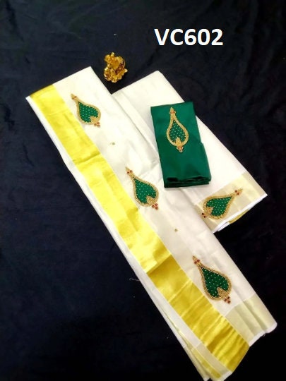 Kerala Tissue Set Mundu with Blouse Material  / Indian traditional women clothing/ Handmade designs/ Onam Vishu Festival Special wear