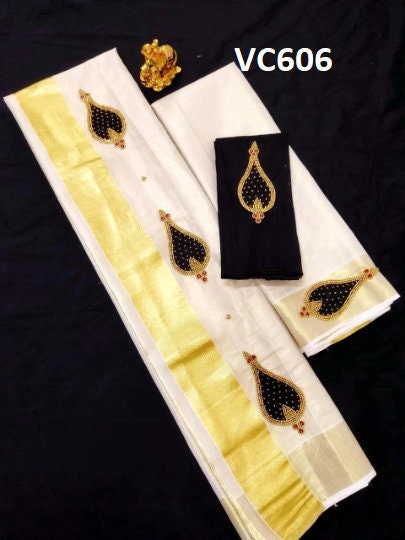 Kerala Tissue Set Mundu with Blouse Material  / Indian traditional women clothing/ Handmade designs/ Onam Vishu Festival Special wear