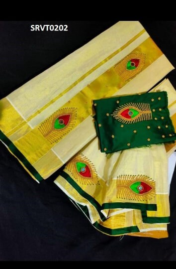 Premium Quality Kerala Golden Tissue Set Mundu with Blouse Material  / Indian traditional women clothing/ Handmade designs/Vishu Onam wear