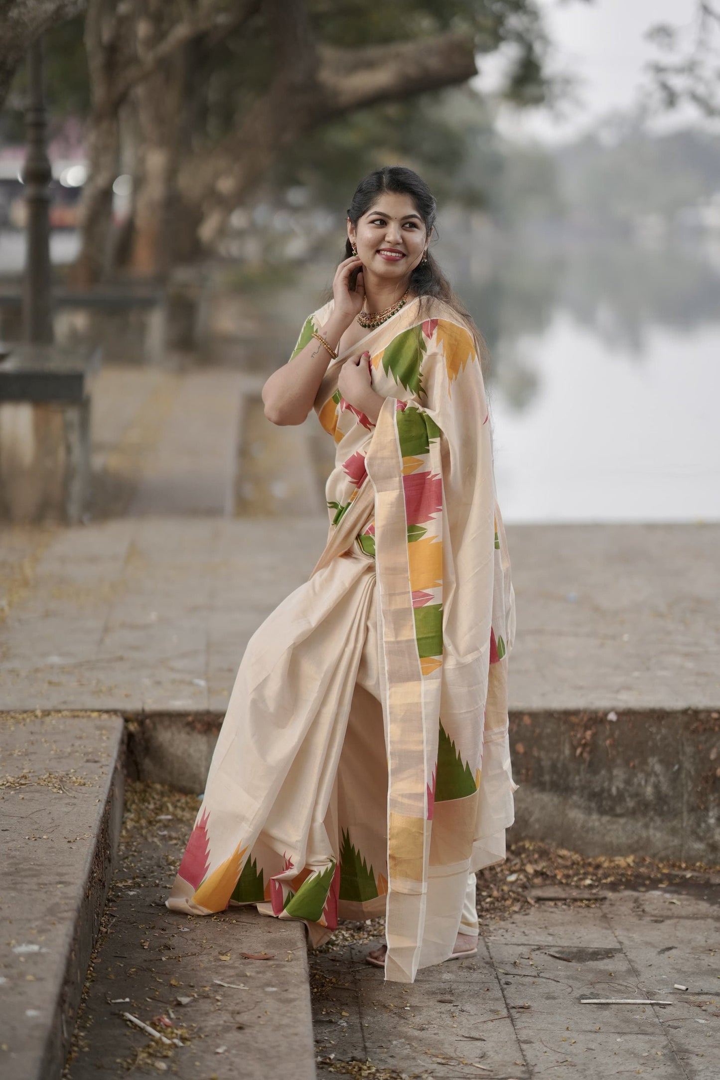 Kerala Traditional  Multi color temple printed golden tissue saree handloom shade tissue Stitched Blouse/Non Stitched Material, Onam, Vishu