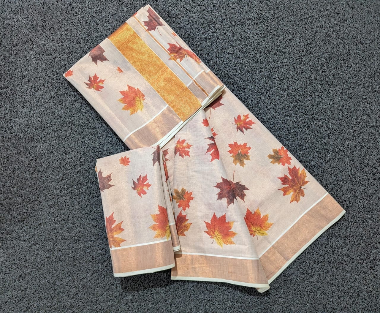 Kerala Copper Tissue maple leaf digital printed  Saree 6.25 mtr, Kerala Saree, Vishu saree ,Onam Saree ,Party wear saree, Handmade designs