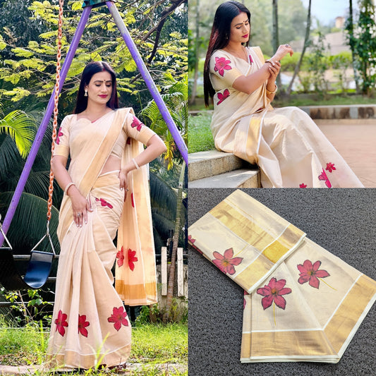 Kerala  Digital flower print golden tissue saree handloom shade tissue 6.25 mtr, Kerala Saree, Vishu saree ,Onam Saree / Handmade designs