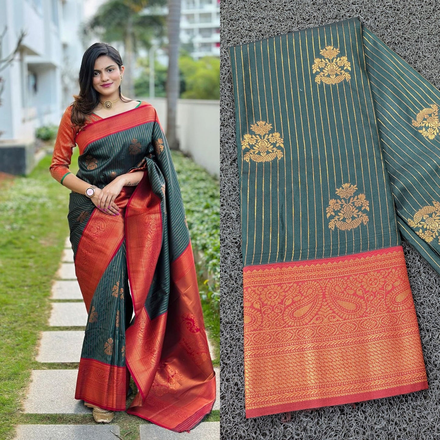 Kerala Bottle Green and Red Combo Banarasi Border Kubera Pattu Saree, Kerala Silk Saree,Onam Saree,Party wearHandmade Designs,Wedding, Vishu