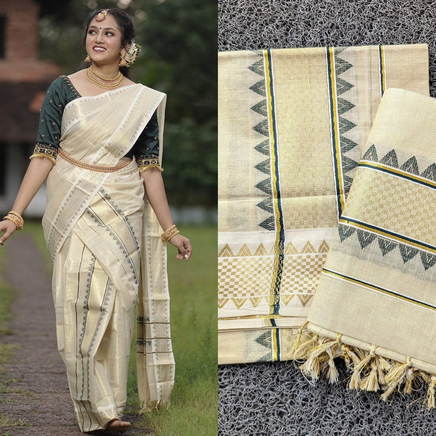 Kerala Special Golden Tissue Border Temple and Kara Work with Tussels Set Mundu 2.80 with Stitched Blouse or  Blouse Material.