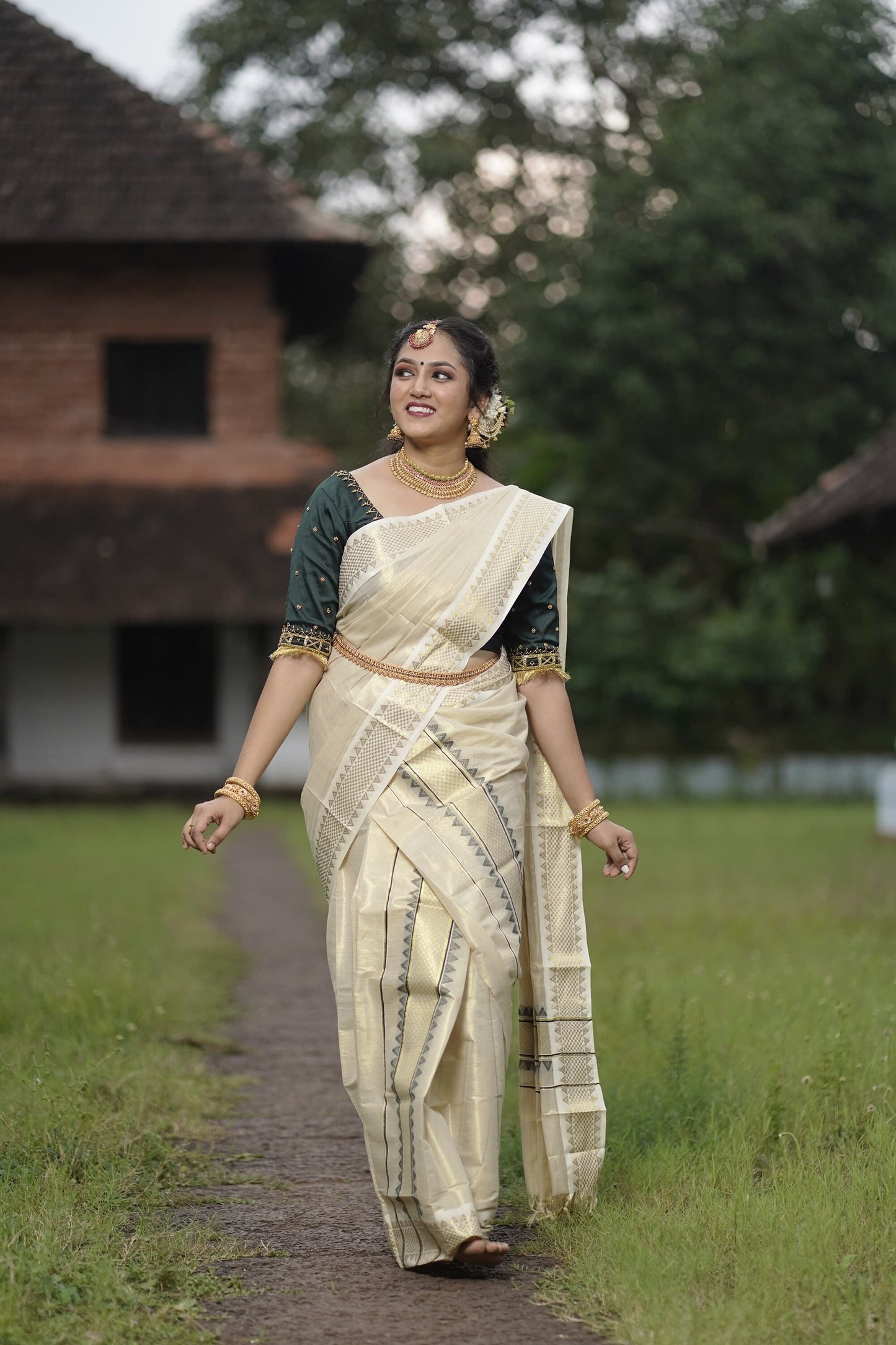 Kerala Special Golden Tissue Border Temple and Kara Work with Tussels Set Mundu 2.80 with Stitched Blouse or  Blouse Material.